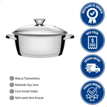 Caçarola Rasa Tramontina Allegra em Aço Inox e Fundo Triplo 24 cm 4,2 L com Tampa de Vidro 62653248