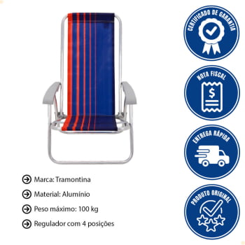 Kit 4 Cadeiras de Praia Reclinável Tramontina Bali Baixa Alumínio Assento Azul e Laranja 92900100
