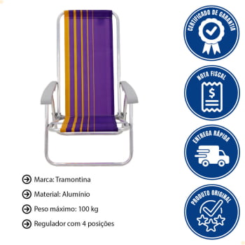 Kit 4 Cadeiras de Praia Reclin.Tramontina Bali Baixa em Alumínio Assento Roxo e Amarelo 92900103