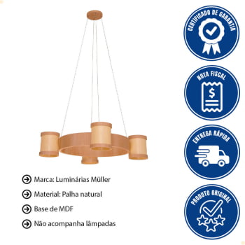 Lustre Muller Straw Roda Natural G9 Led 4 Lâmpadas 2574NA