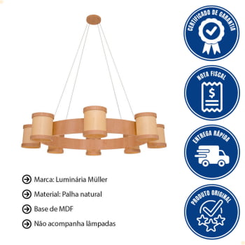 Lustre Muller Straw Roda Natural G9 Led 8 Lâmpadas 2578NA