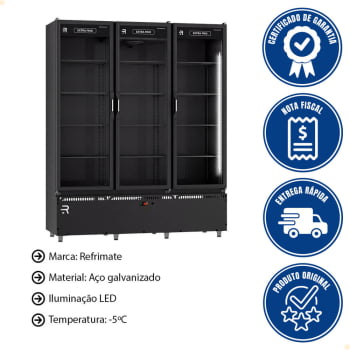 Auto Serviço 3 Portas Refrimate Vanguard Extra Frio Preto Com LED Carnes ou Bebidas 220V ASVEF3P