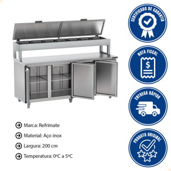 Balcão de Serviço Condimentador Refrigerado Refrimate 200 cm 3 Portas Em Inox 220V BSRC2000
