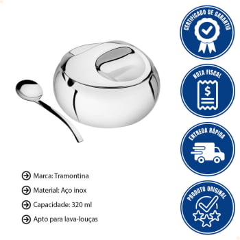Açucareiro Tramontina em Aço Inox Alto Brilho 320ml com Colher e Tampa 64400500