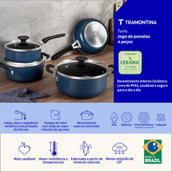 Jogo de Panelas Tramontina Tunis Alumínio Revestimento Interno Cerâmico Externo Siliconado Azul 4 Pç