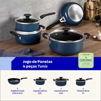 Jogo de Panelas Tramontina Tunis Alumínio Revestimento Interno Cerâmico Externo Siliconado Azul 4 Pç
