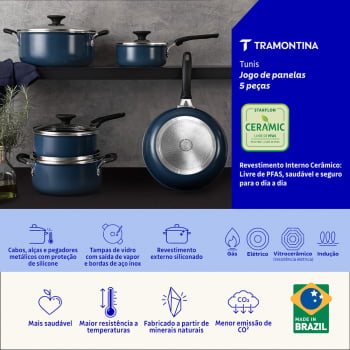 Jogo de Panelas Tramontina Tunis Alumínio Revestimento Interno Cerâmico Externo Siliconado Azul 5 Pç
