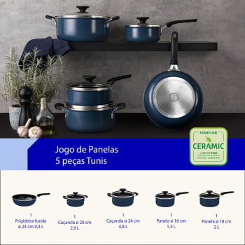 Jogo de Panelas Tramontina Tunis Alumínio Revestimento Interno Cerâmico Externo Siliconado Azul 5 Pç