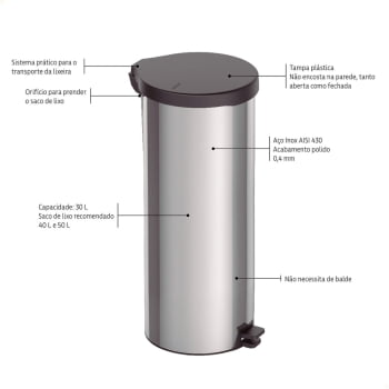 Lixeira Inox com Pedal New Tramontina com Acabamento Polido 30 L 94538730