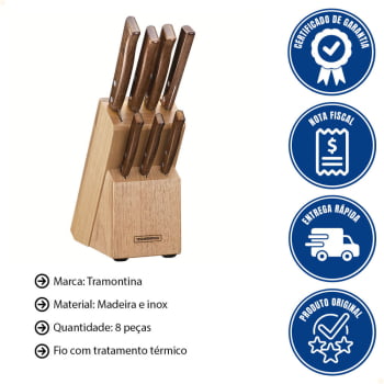 Jogo de Facas Tramontina Tradicional Aço Inox e Cabos em Madeira Natural com Suporte 8 Pçs 22299026