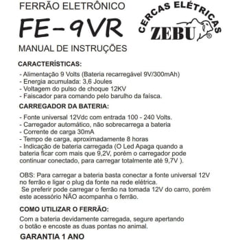 Ferrao Eletronico Zebu Recarregavel FE 9V R 12246