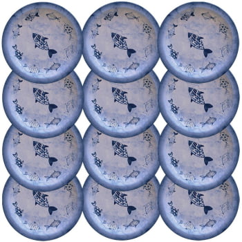 12 Pratos Sobremesa Tramontina Peixes Azul em Porcelana Decorada 21 cm 96980001