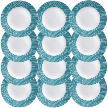 12 Pratos Raso Tramontina Clarice em Porcelana com Borda Decorada Em Azul Ciano 25 cm 96011704