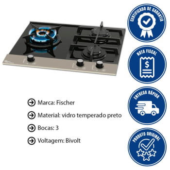 Cooktop Fischer Platinium Preto 3 Bocas Mesa de Vidro Preto A Gás Bivolt 20875(25482)