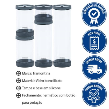 Jogo de Potes De Vidro Herméticos Tramontina Purezza Em Borossilicato Com Tampa Em Silicone 64220760