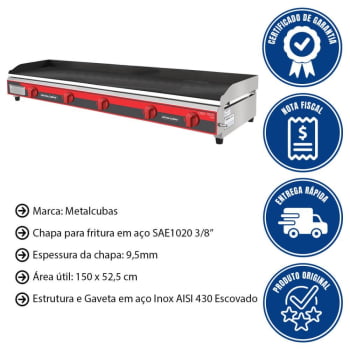 Chapa Bifeteira Profissional A Gás Metalcubas CBG1500 PRO 9,5mm 150x52,5cm Inox 12030G(10356)