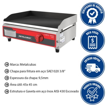 Chapa Bifeteira Profissional A Gás Metalcubas CBG450 PRO Chapa 9,5mm 45x45cm Inox 12030G(10352)