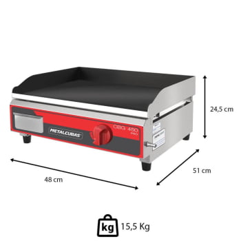 Chapa Bifeteira Profissional A Gás Metalcubas CBG450 PRO Chapa 9,5mm 45x45cm Inox 12030G(10352)