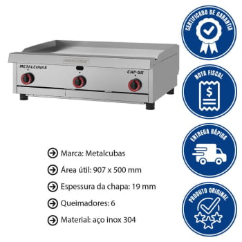 Chapa Bifeteira Metalcubas Premium A Gás CHP90 19mm Área 90,7x50cm 6 Queimadores MTC0092(24349)