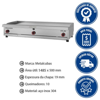 Chapa Bifeteira Metalcubas Premium A Gás CHP150 19mm Área 148,5x50cm 8 Queimadores MTC0092(24351)