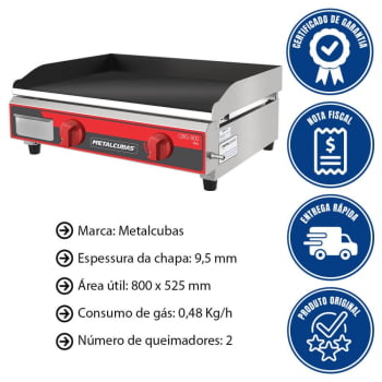 Chapa Bifeteira Profissional A Gás Metalcubas CBG 800 PRO 9,5mm Área 80x52,5cm 12030G(10354)