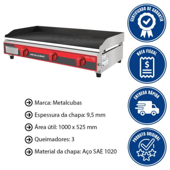 Chapa Bifeteira Profissional A Gás Metalcubas CBG 1000 PRO 9,5mm Área 100x52,5cm 12030G(10348)
