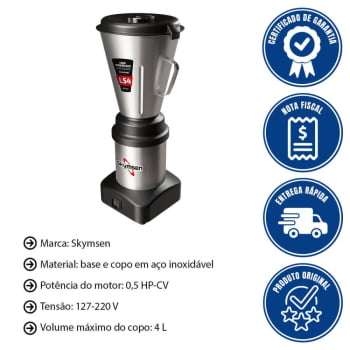 Liquidificador Comercial Skymsen LS4 Inox Copo Monobloco Em Inox 0,5 HP-CV 4 Litros 127/220V 479802