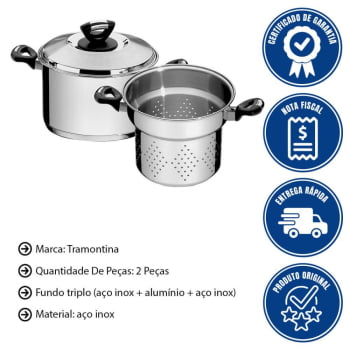 Jogo Cozi-Pasta Tramontina Solar Baquelite Em Aço Inox Fundo Triplo Com Alças Baquelite 2 Peças 20cm