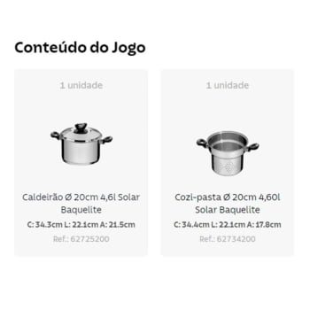 Jogo Cozi-Pasta Tramontina Solar Baquelite Em Aço Inox Fundo Triplo Com Alças Baquelite 2 Peças 20cm