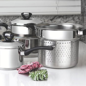 Jogo Cozi-Pasta Tramontina Solar Baquelite Em Aço Inox Fundo Triplo Com Alças Baquelite 2 Peças 20cm