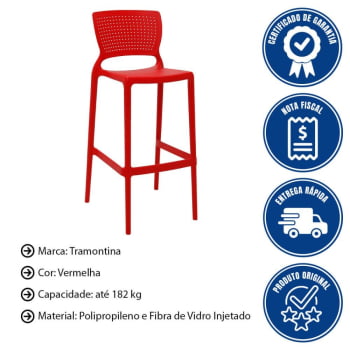 Kit 4 Cadeiras Tramontina Safira Alta Bar Em Polipropileno E Fibra De Vidro Vermelho 92138040