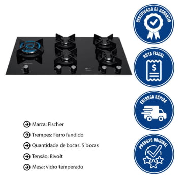 Cooktop A Gás Fischer Infinity 5 Bocas Duo Blaze Tripla Chama Mesa Vidro Black Bivolt 31800(82260)