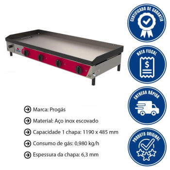 Chapa Bifeteira A Gás Progás PR-1200G STYLE 6,3mm Para Lanches Em Aço Inox Escovado P28704