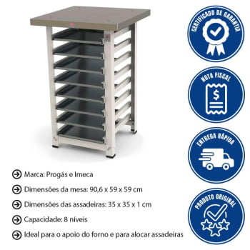 Kit Mesa de Apoio Suporte Forno PRP-004 e Assadeira Progás MES004 + 8 Assadeiras Imeca 35x35cm