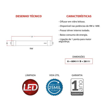 Kit 2 Lâmpadas LED Avant Tubular T8 Branco 9W Bivolt 6500K BR900-B Base G13 - CÓD 335511374