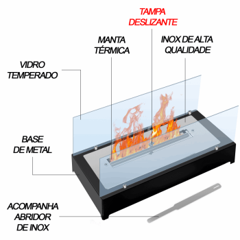 L30 Lareira ecologica completa com vidros 45cm (base de metal)