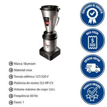 Liquidificador Comercial Skymsen 3 Litros Ls3 Com Copo Monobloco Em Inox 0,5 Hp-Cv Bivolt 551295