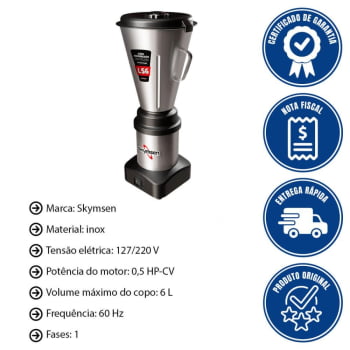 Liquidificador Comercial Skymsen 6 Litros Ls6 Com Copo Monobloco Em Inox 0,5 Hp-Cv Bivolt 479829