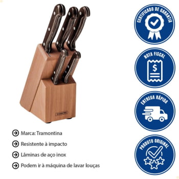 Jogo de Facas Tramontina Polywood Lâmina Inox Cabo Madeira Tratada Castanho C/Suporte Madeira 6Pçs