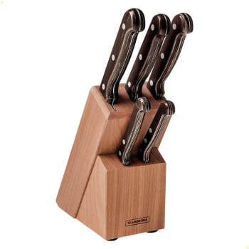 Jogo de Facas Tramontina Polywood Lâmina Inox Cabo Madeira Tratada Castanho C/Suporte Madeira 6Pçs