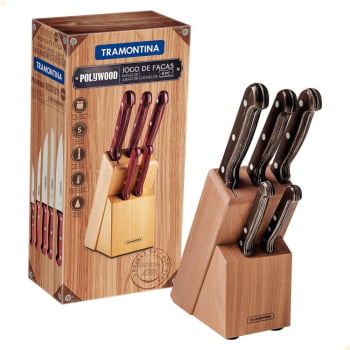 Jogo de Facas Tramontina Polywood Lâmina Inox Cabo Madeira Tratada Castanho C/Suporte Madeira 6Pçs
