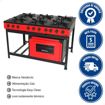 Fogão Industrial Venâncio a Gás Bravo 6 Bocas com Forno Vermelho BR6BFVM