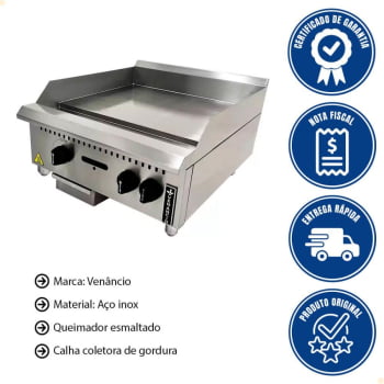 Chapa a Gás Industrial de Mesa Venâncio Aço Inox Manual 60cm Prime 19mm Profissional PCM060G-ME