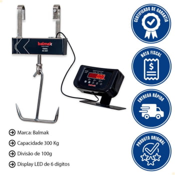 Balança Digital Tendal Balmak BK-300T Aço Carbono Gancho Duplo 300kg LED Com Bateria