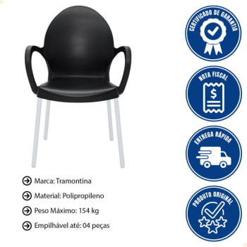 Kit 4 Cadeiras Tramontina Grace Empilhável Preto em Polipropileno Pés Alumínio 92068/909