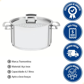 Espagueteira Tramontina Brava 24 cm 6,1 L em Aço inox com Fundo Triplo Tampa e Alças 62417240