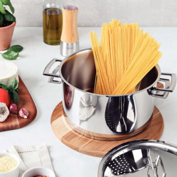 Espagueteira Tramontina Brava 24 cm 6,1 L em Aço inox com Fundo Triplo Tampa e Alças 62417240