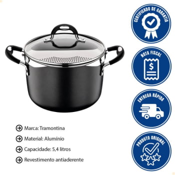 Espagueteira Tramontina Mônaco Induction em Alumínio com Revestimento Antiaderente Preto 22 cm 5,4 L