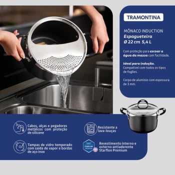 Espagueteira Tramontina Mônaco Induction em Alumínio com Revestimento Antiaderente Preto 22 cm 5,4 L
