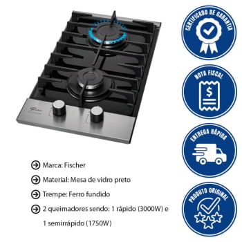 Cooktop Fischer Platinium 2 Queimadores A Gás GII Trempe Ferro Fundido Vidro Preto Bivolt 3379592120